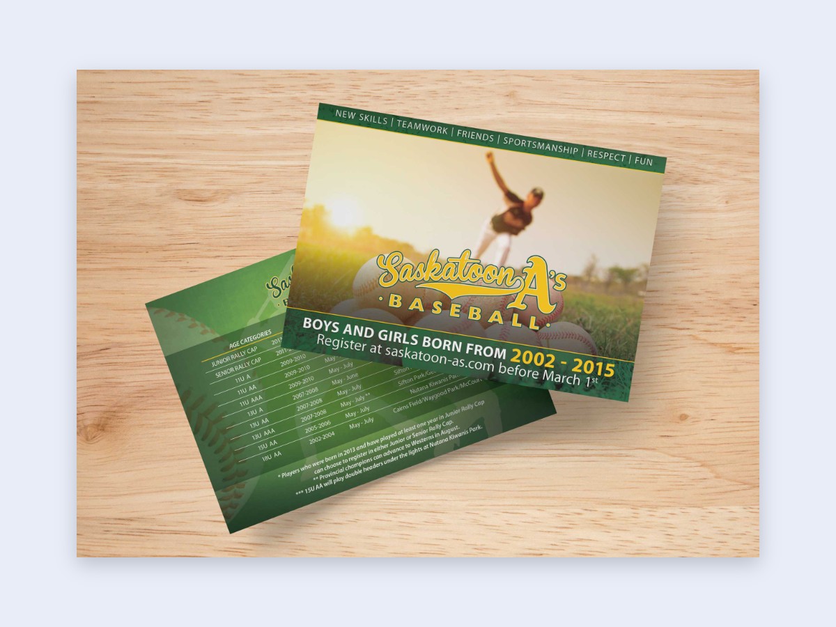 Saskatoon A’s Baseball registration postcard