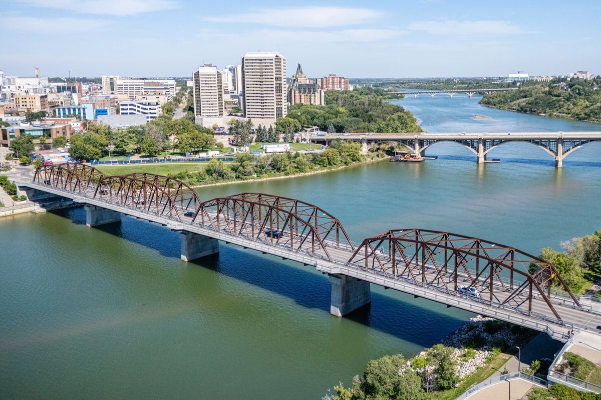 Downtown Saskatoon with the Traffic Bridge and Broadway Bridge over the South Saskatchewan River